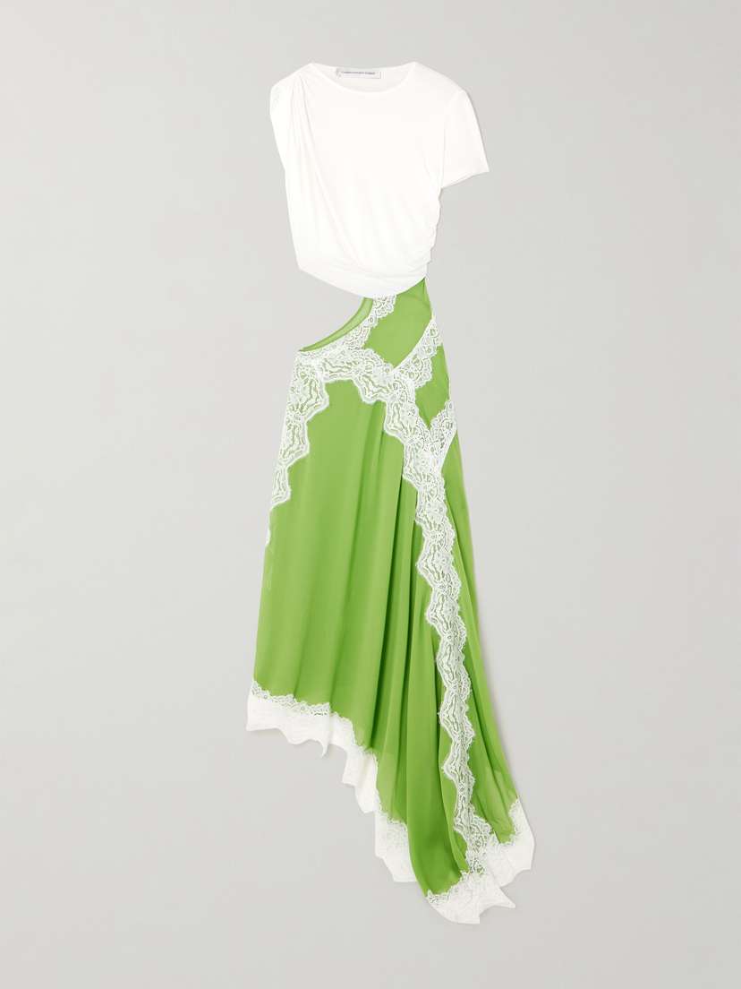 Christopher Esber Verve Asymmetric Lace-trimmed Silk-georgette And Ribbed Jersey Dress - UK 14