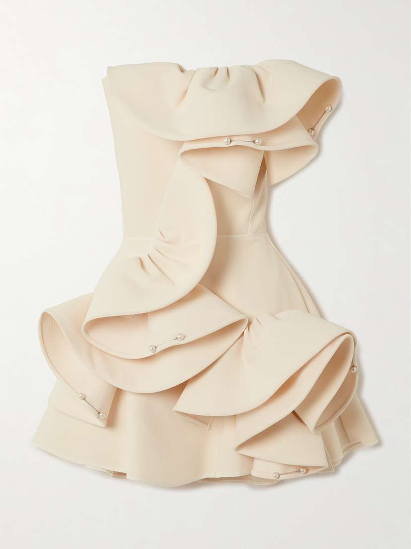 Maticevski Atone Strapless Faux-pearl Embellished Ruffled Crepe Mini Dress
