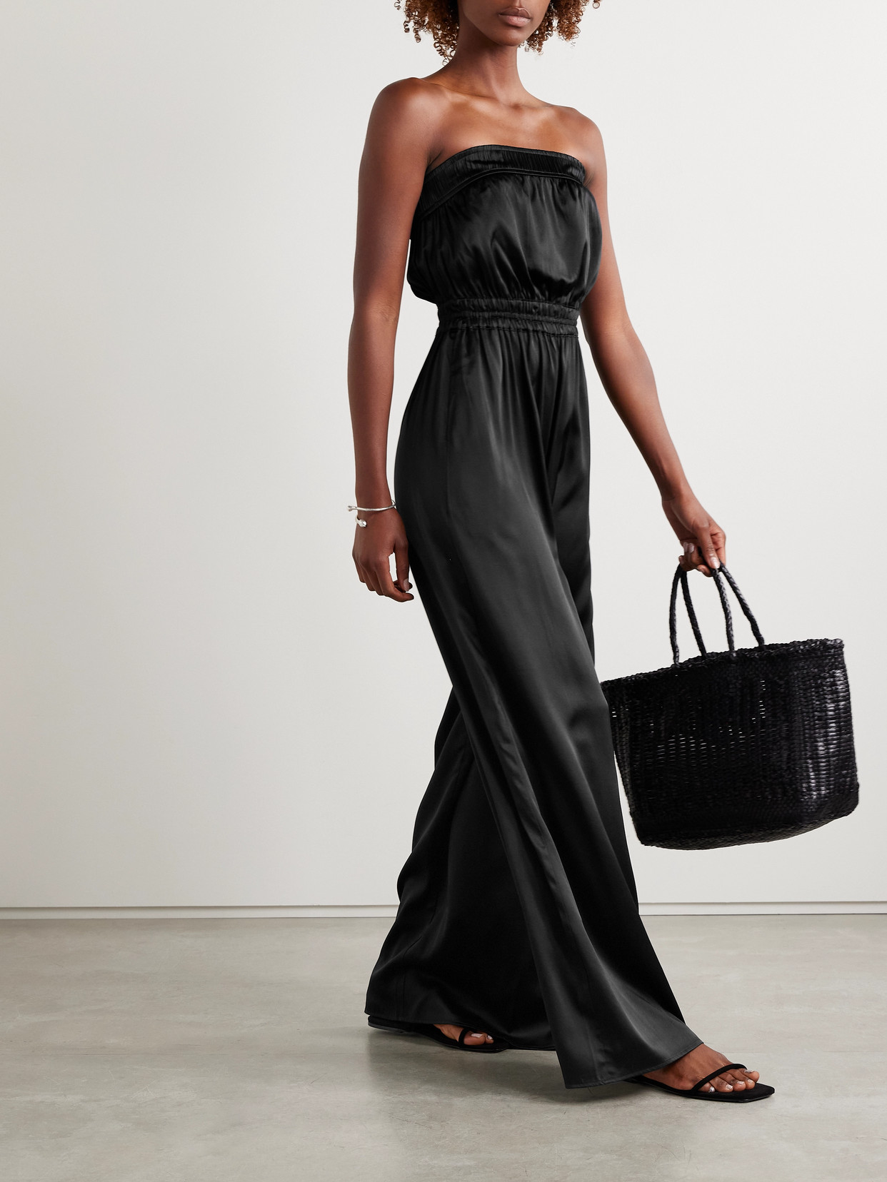 Rivet Utility Queen Strapless Silk-blend Satin Jumpsuit In Black