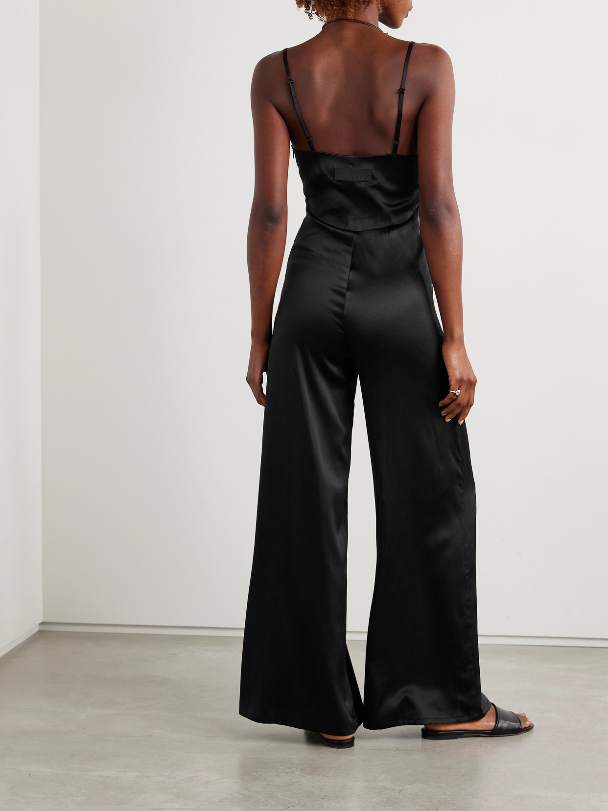 Rivet Utility Foxy Open-back Silk-blend Satin Jumpsuit In Black