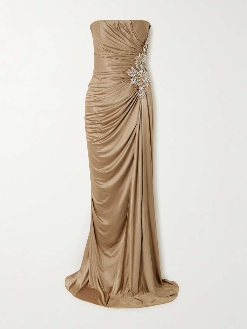 Costarellos Elettra Strapless Crystal-embellished Draped Crepe Gown - FR 44