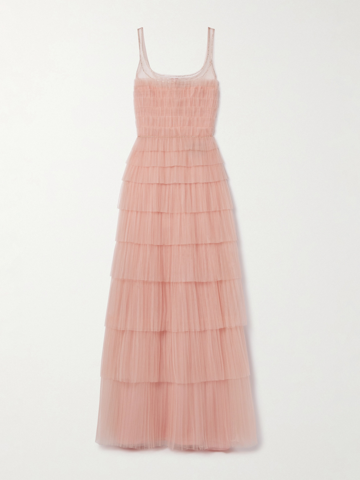 Costarellos Crystal-embellished Tiered Plissé-tulle Gown In Pink