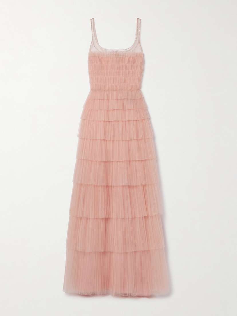 Costarellos Crystal-embellished Tiered Plissé-tulle Gown
