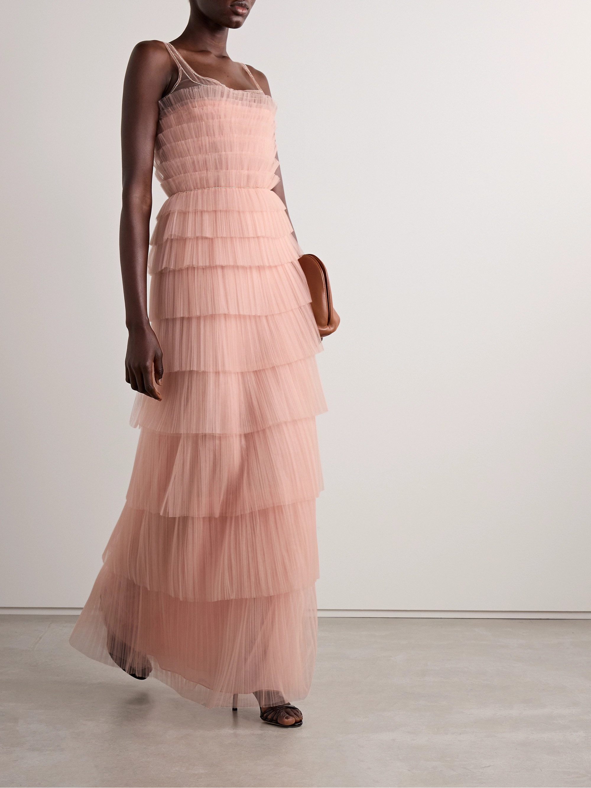 Costarellos Crystal-embellished tiered plissé-tulle gown