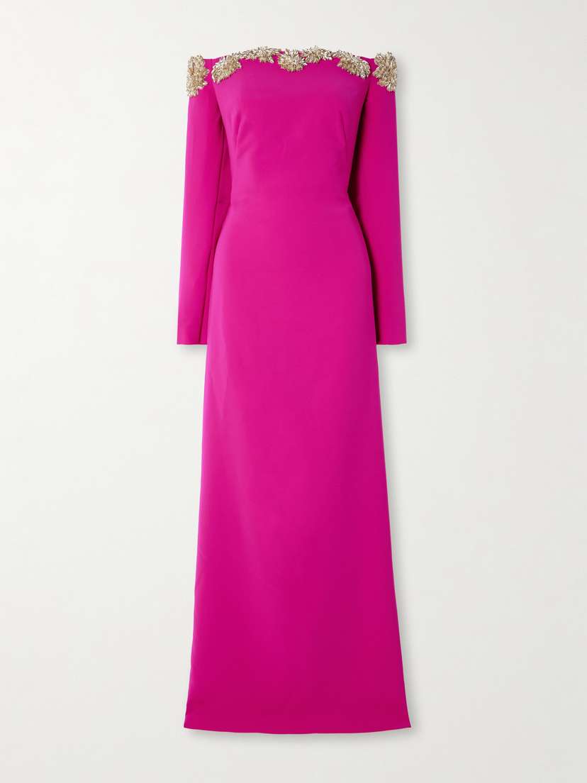 Costarellos Meline Off-the-shoulder Crystal-embellished Crepe Gown