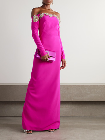 Costarellos Meline off-the-shoulder crystal-embellished crepe gown