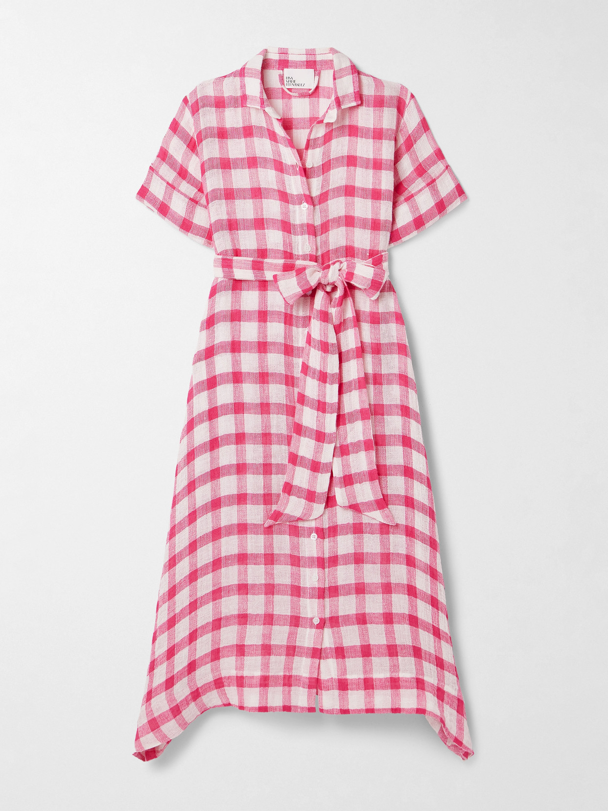 Lisa Marie Fernandez Belted Checked Linen-blend Gauze Midi Shirt Dress In Pink