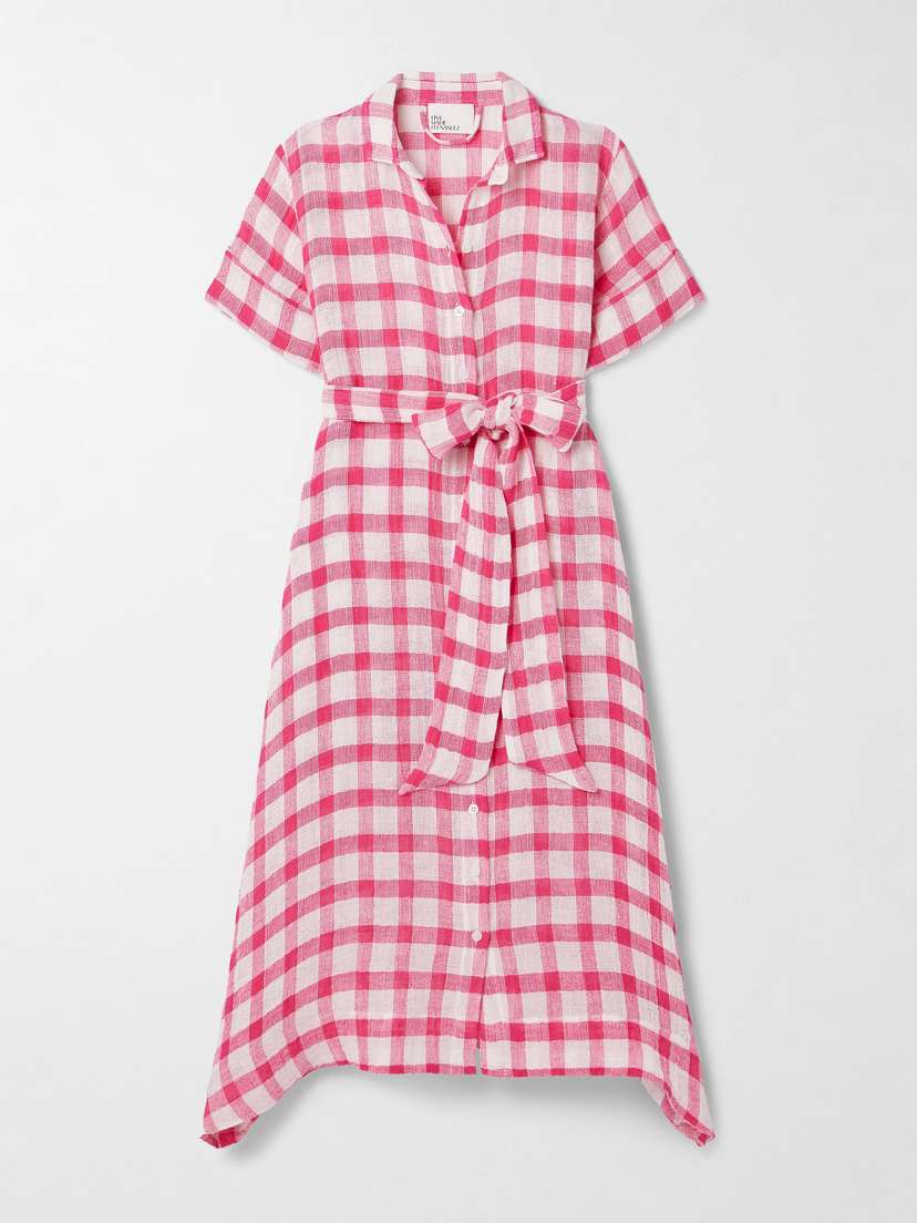Lisa Marie Fernandez Belted Checked Linen-blend Gauze Midi Shirt Dress