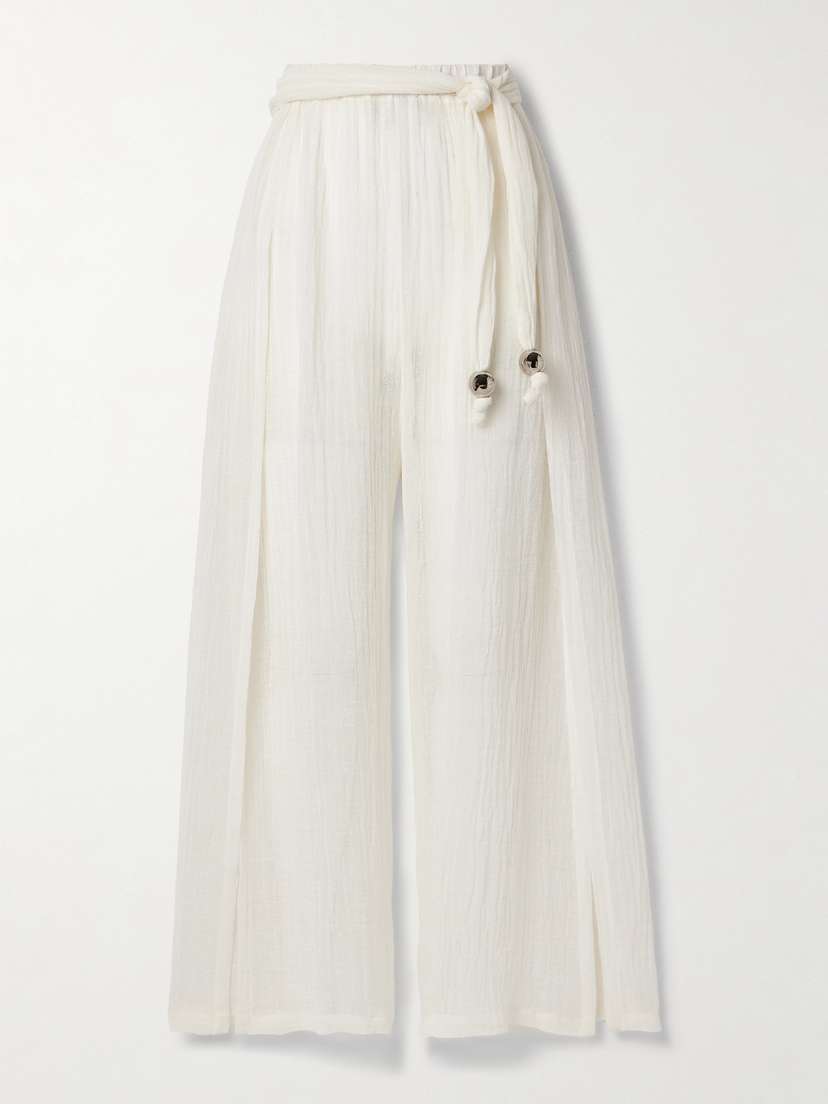 Lisa Marie Fernandez Belted Crinkled Linen-blend Gauze Wide-leg Pants