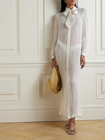 Lisa Marie Fernandez Pussy-bow crinkled linen-blend gauze maxi dress