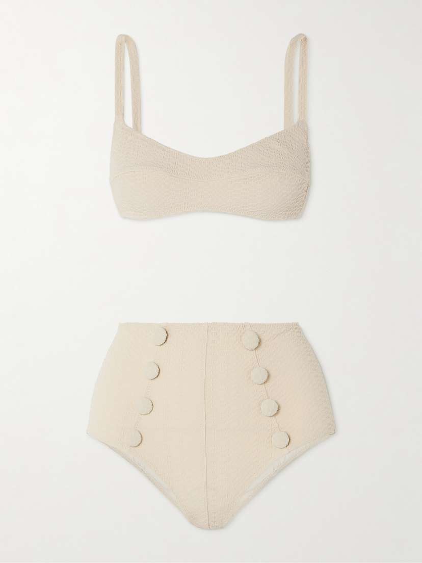Lisa Marie Fernandez Button-embellished Seersucker Bikini