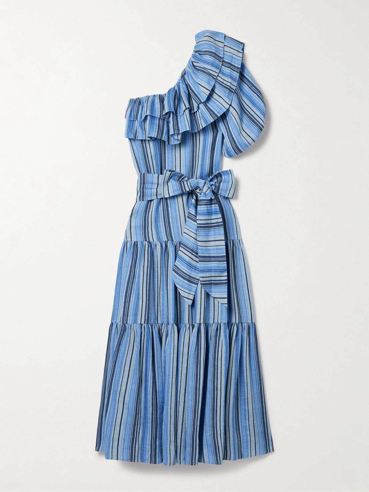 Shop Lisa Marie Fernandez Arden Belted One-sleeve Ruffled Striped Linen-blend Maxi Dress In Blue