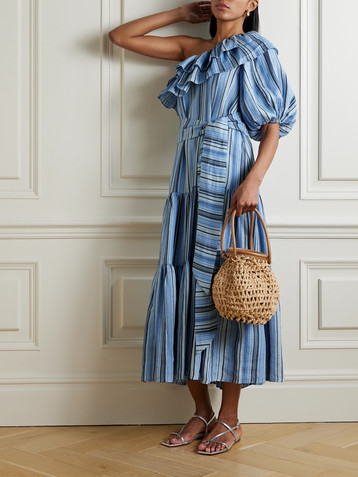 Lisa Marie Fernandez Arden belted one-sleeve ruffled striped linen-blend maxi dress