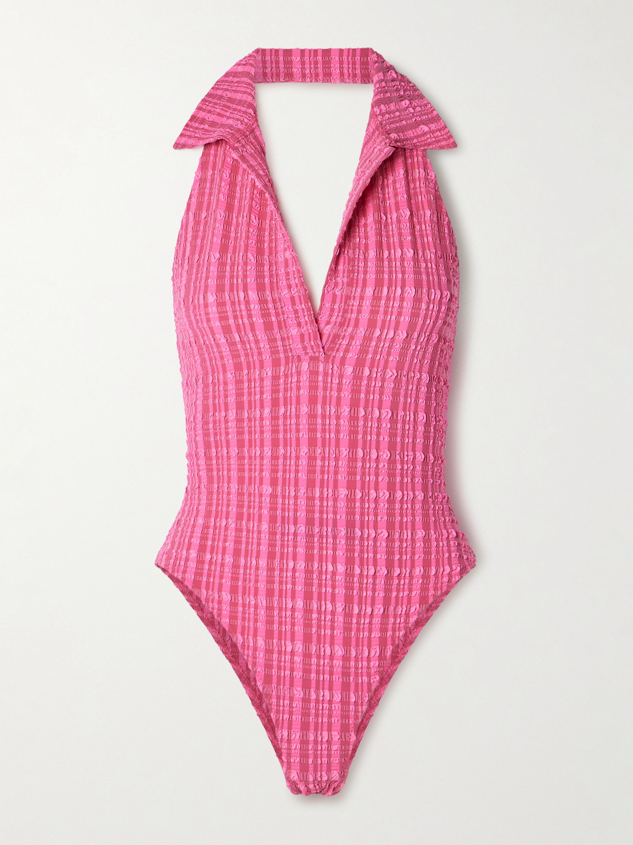 Shop Lisa Marie Fernandez Polo Striped Seersucker Halterneck Swimsuit In Pink