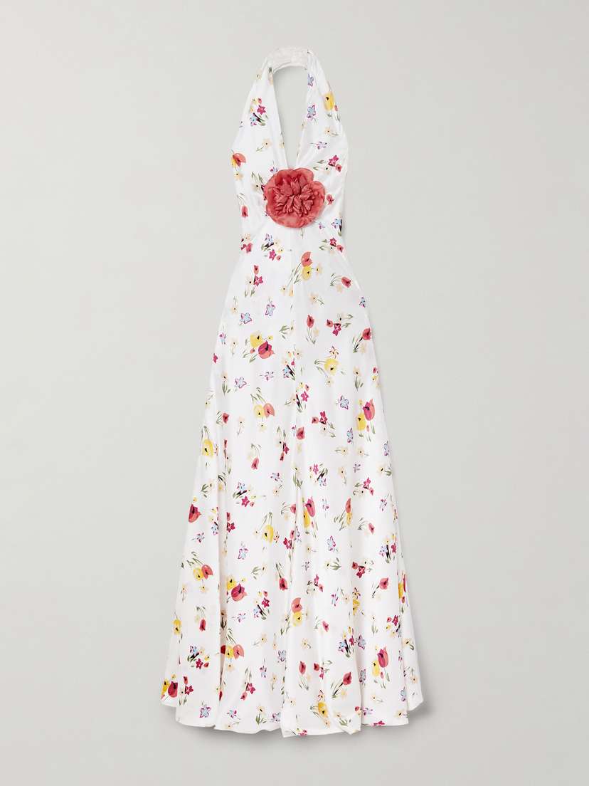 Rodarte Appliquéd Floral-print Silk-satin Halterneck Maxi Dress