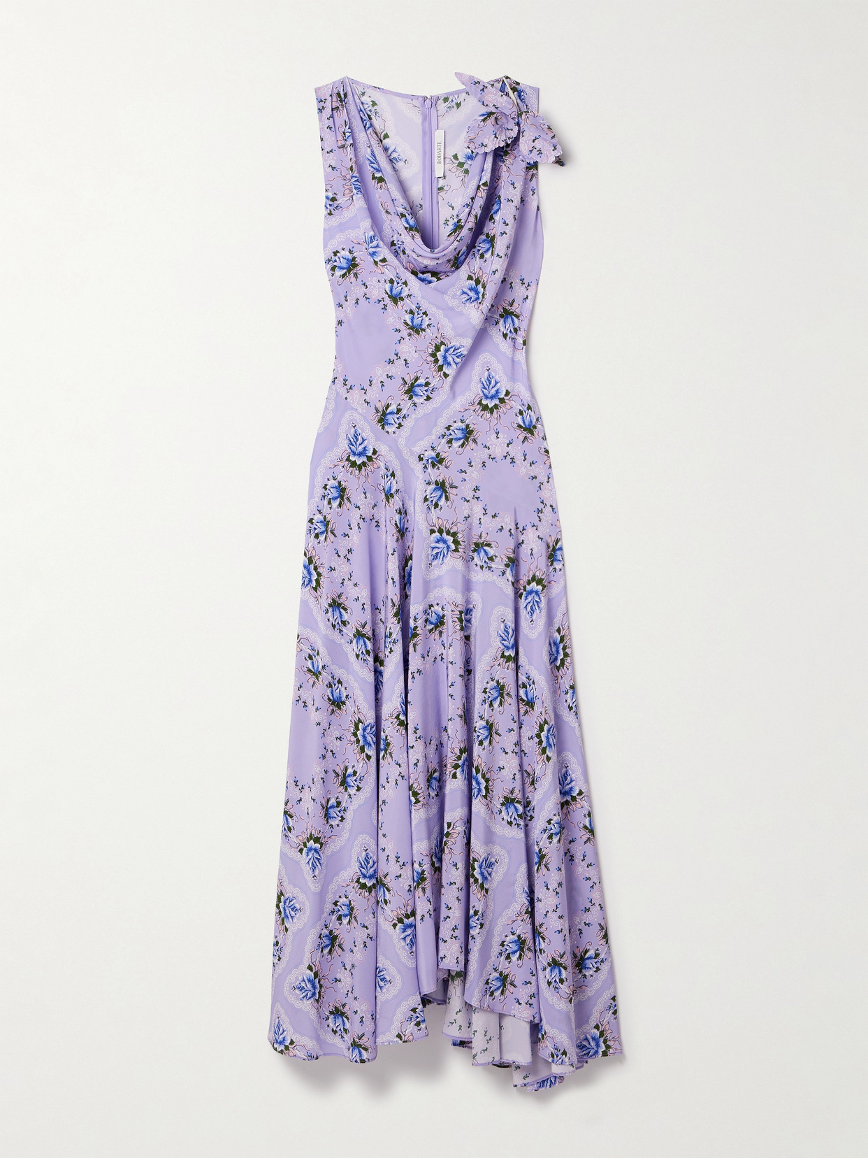 Rodarte Asymmetric Embellished Draped Printed Silk Crepe De Chine Midi Dress In Purple
