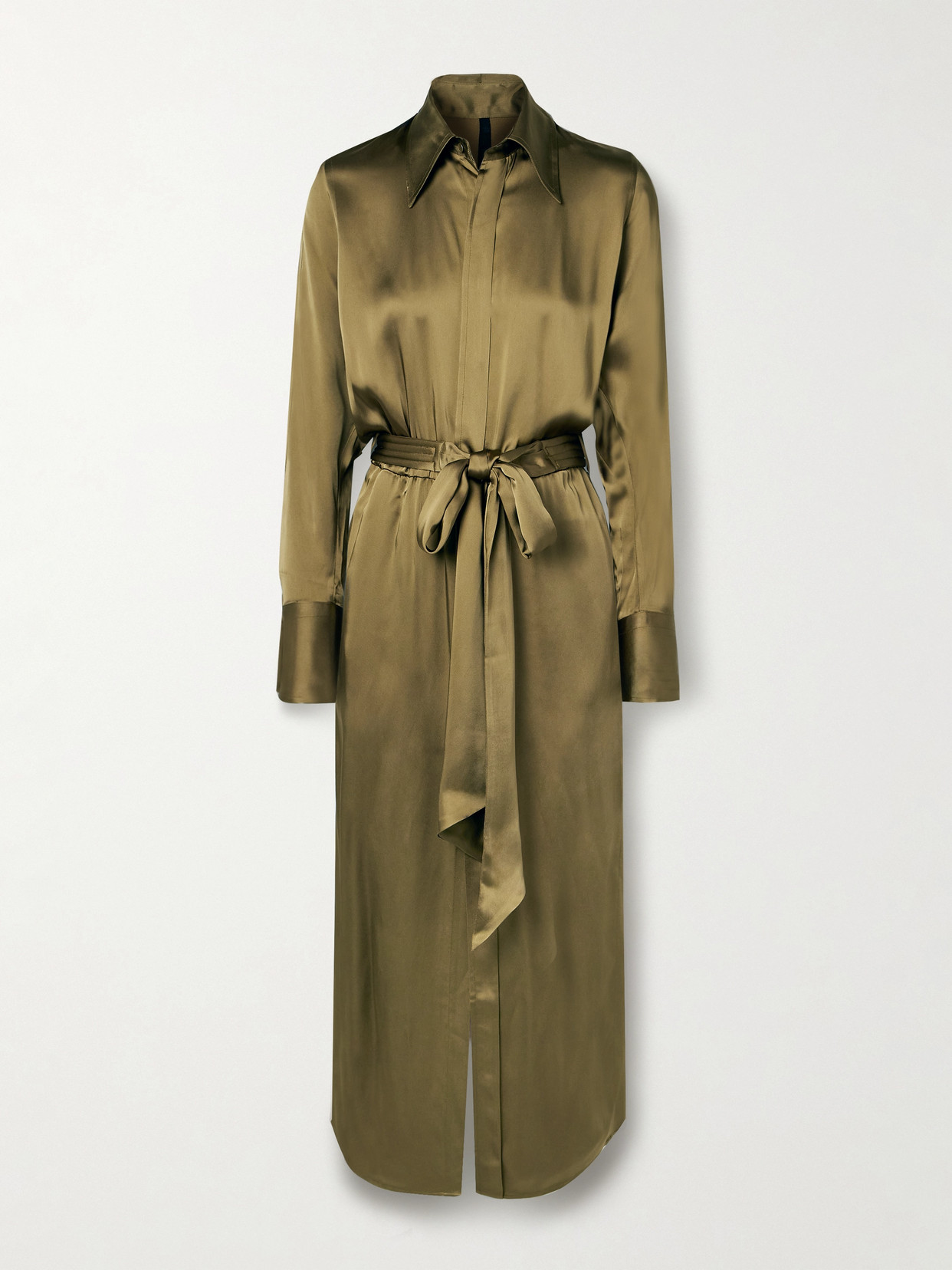 Petar Petrov The Slippery Belted Satin Midi Shirt Dress In Gold