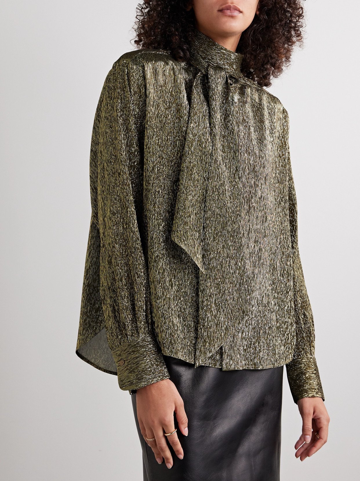 Treasure Pussy-Bow Silk-Blend Lamé Shirt