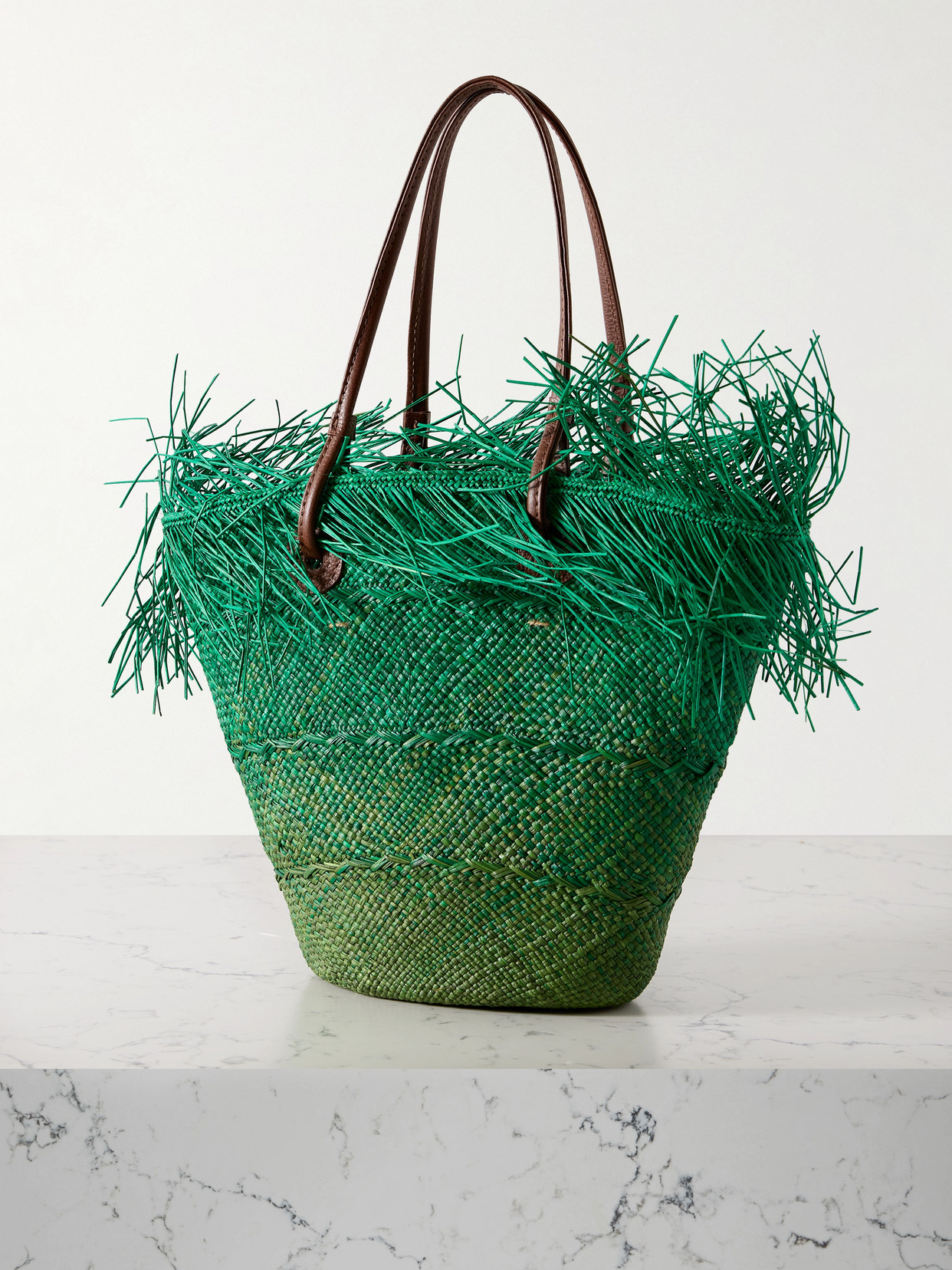 Shop Sensi Studio Leather-trimmed Frayed Ombré Straw Tote In Green