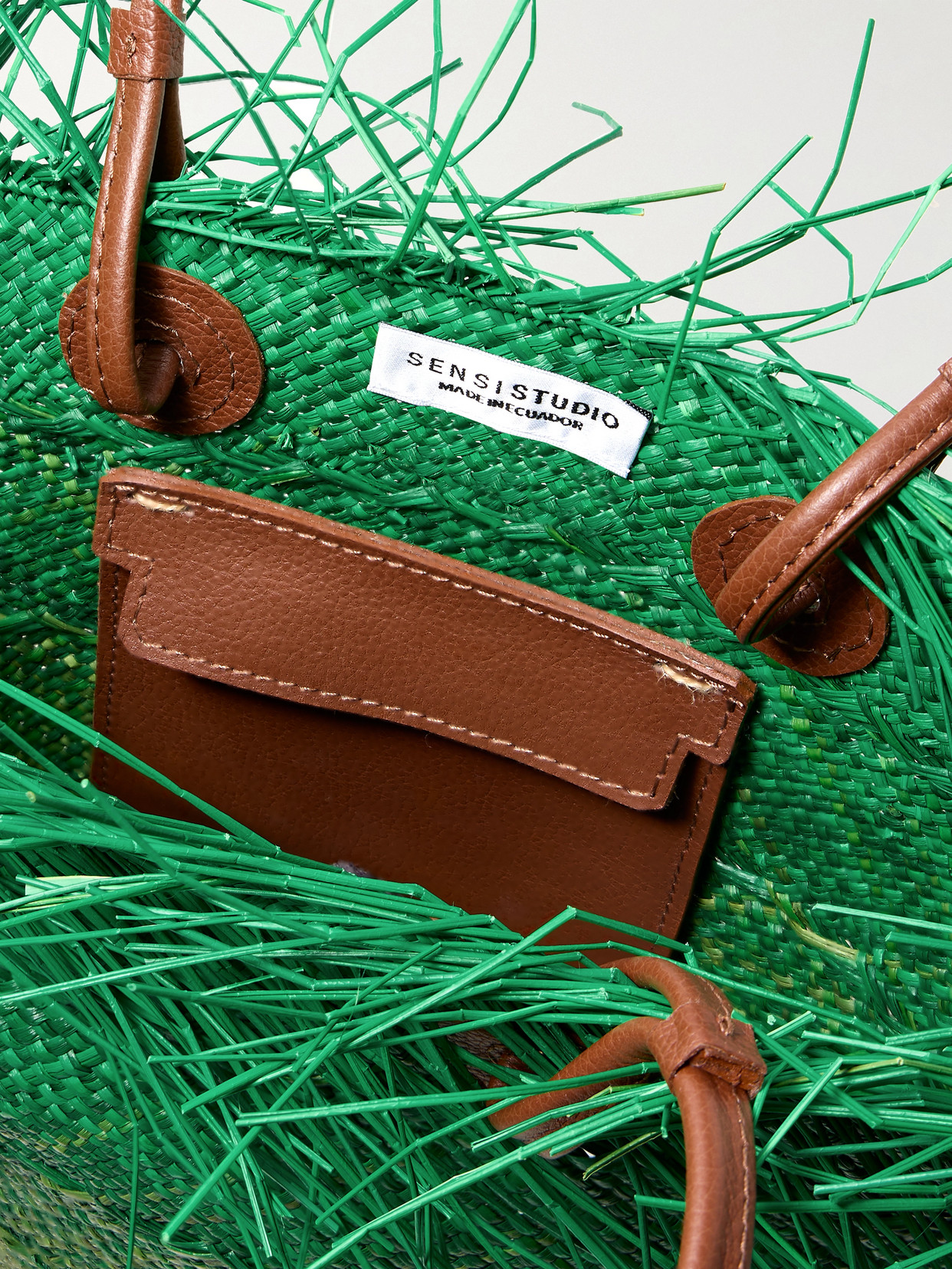 Shop Sensi Studio Leather-trimmed Frayed Ombré Straw Tote In Green