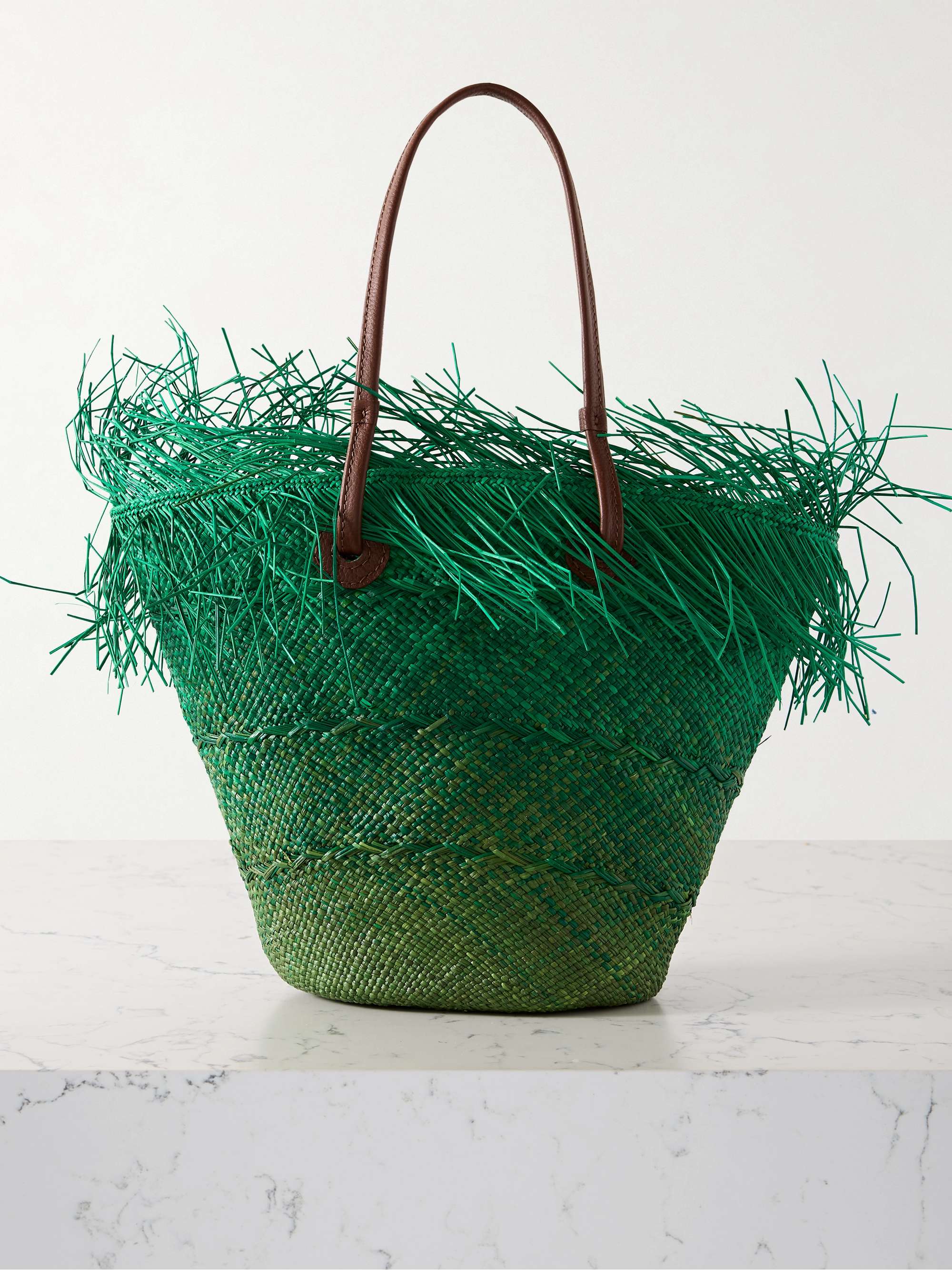 Leather trimmed frayed ombre straw tote green One Size