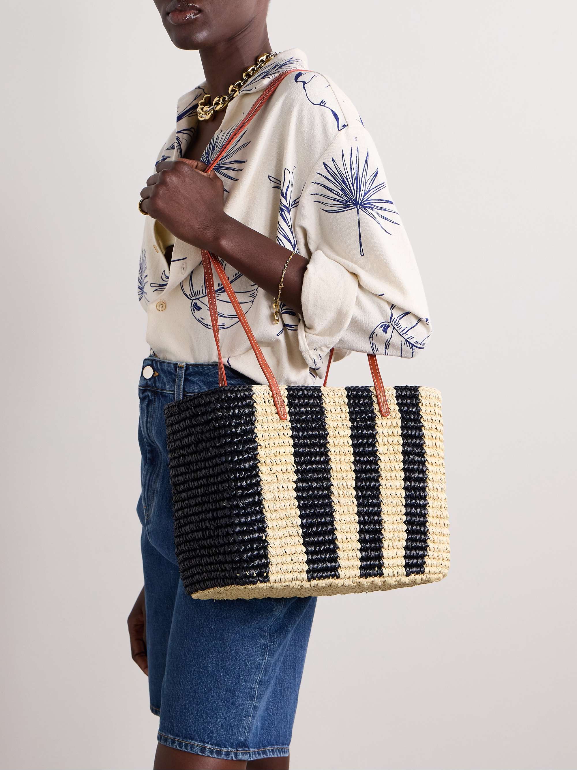 SENSI STUDIO Canasta leather trimmed striped straw tote Women Beige Tote Bags