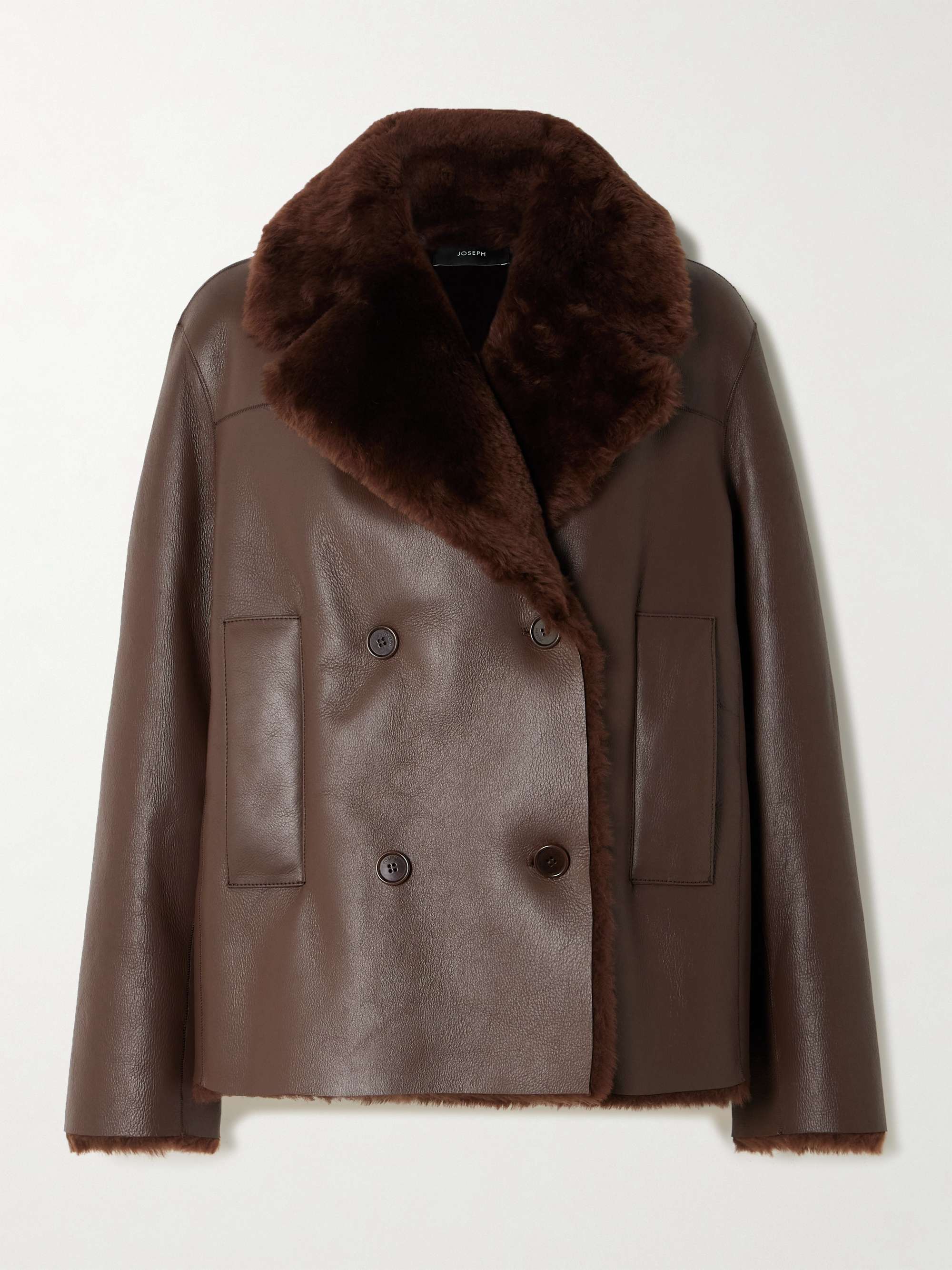 Brown Calla double-breasted shearling coat | JOSEPH | NET-A Brown Calla double-breasted shearling coat | JOSEPH | NET-A