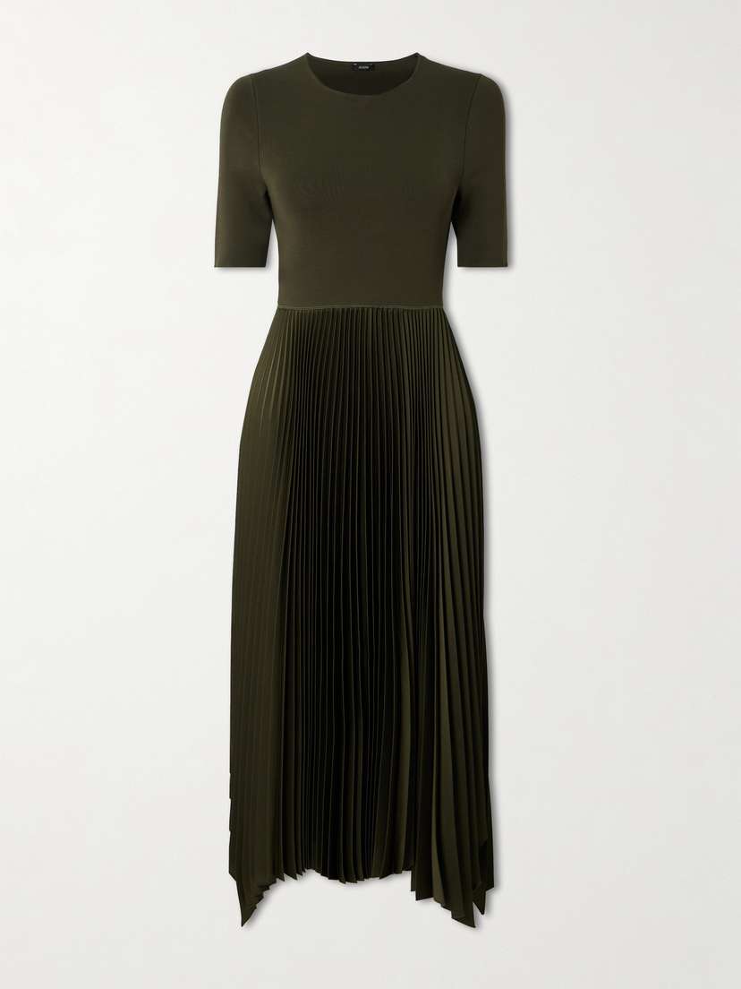 Joseph Darno Asymmetric Pleated Knitted And Satin-crepe Midi Dress