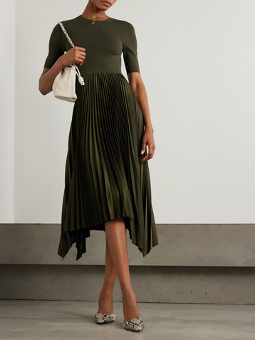 JOSEPH Darno asymmetric pleated knitted and satin-crepe midi dress