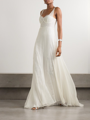 Costarellos Semeli Chantilly lace-trimmed silk-georgette gown