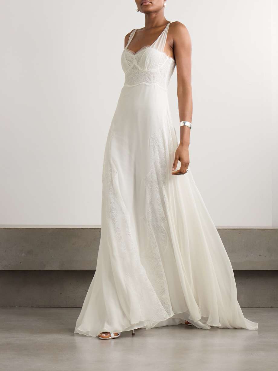 semeli chantilly lace-trimmed silk-georgette gown