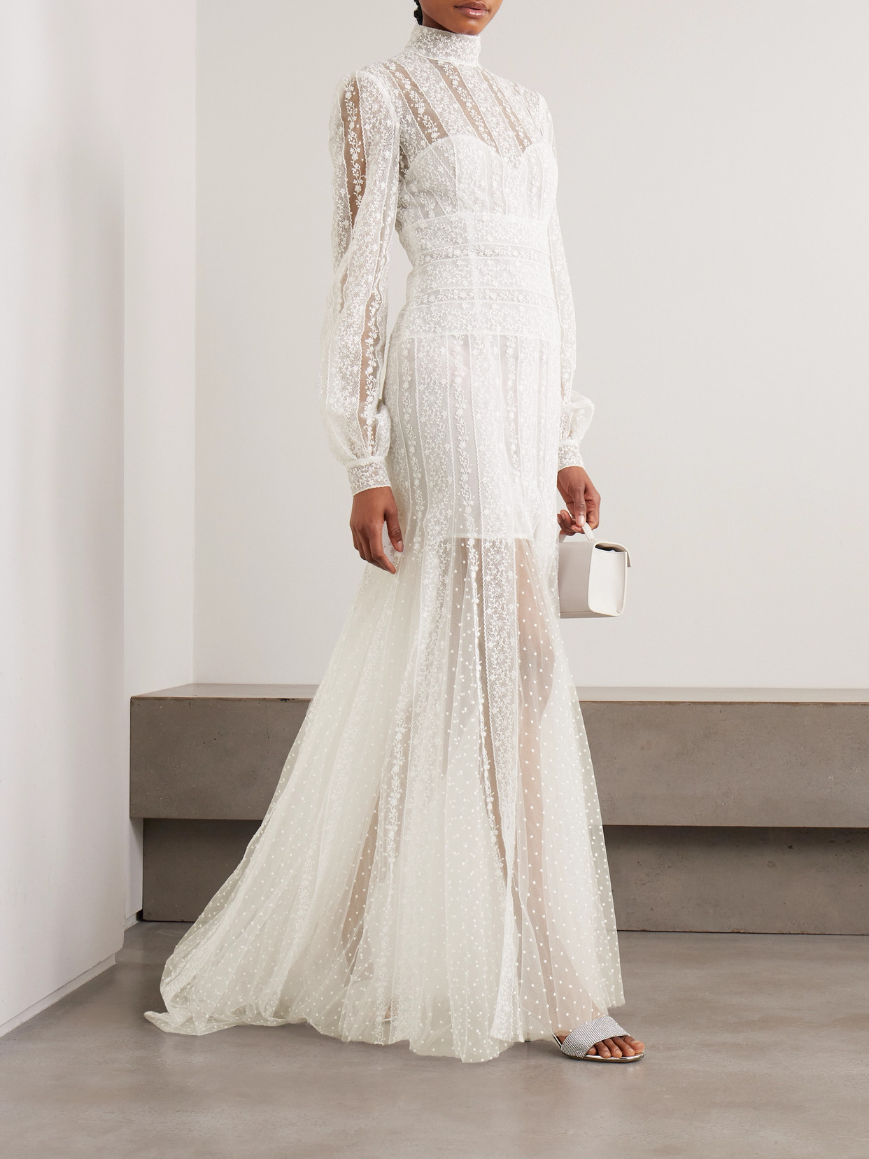 Costarellos Theia Embroidered Tulle Gown In Off-white