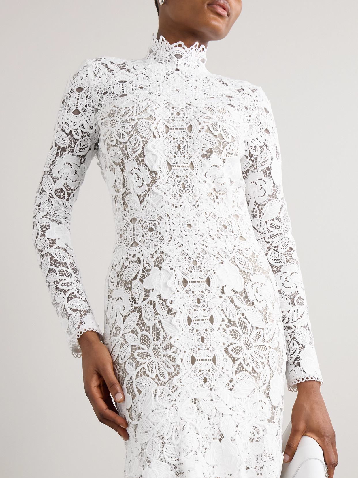 Shop Costarellos Alessa Cutout Corded Lace And Tulle Turtleneck Gown In Off-white