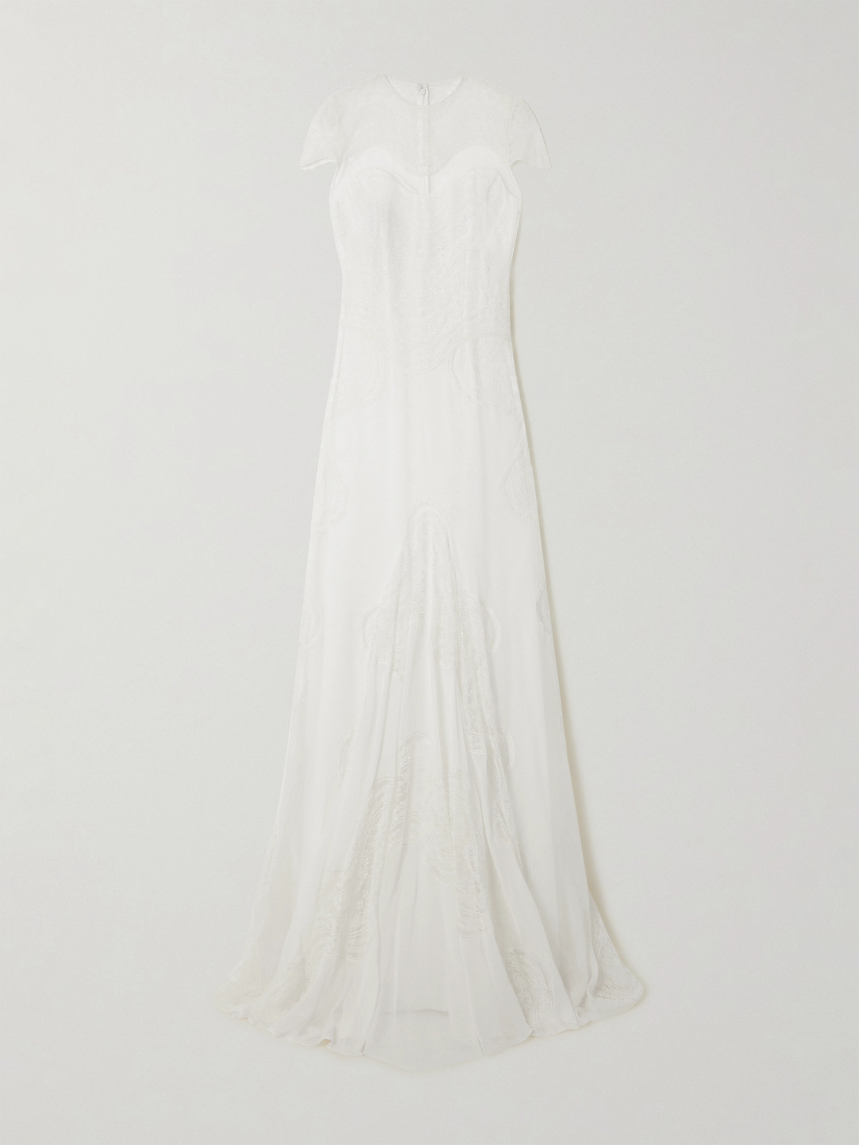 Costarellos Zephira Embroidered Chantilly Lace-trimmed Silk-chiffon Gown In Off-white