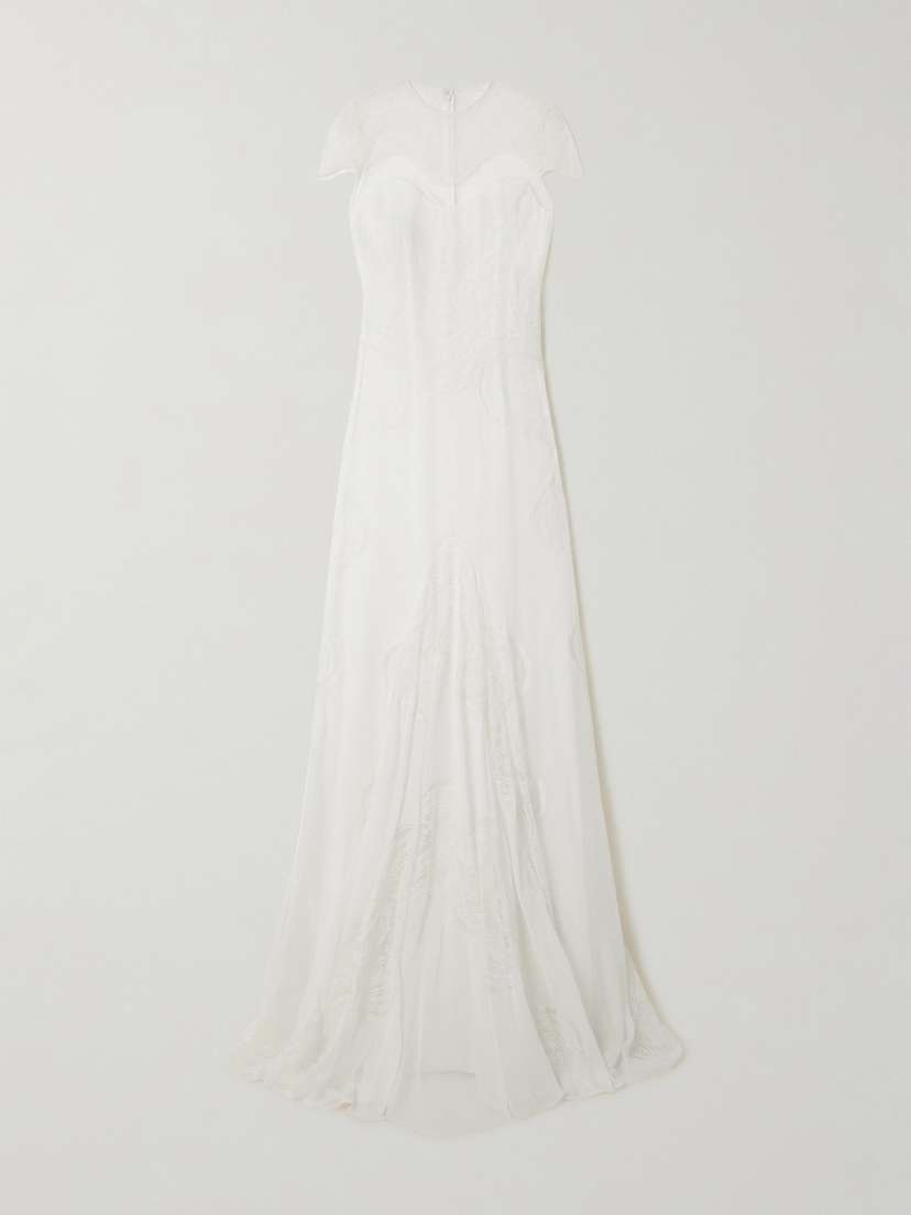 Costarellos Zephira Embroidered Chantilly Lace-trimmed Silk-chiffon Gown