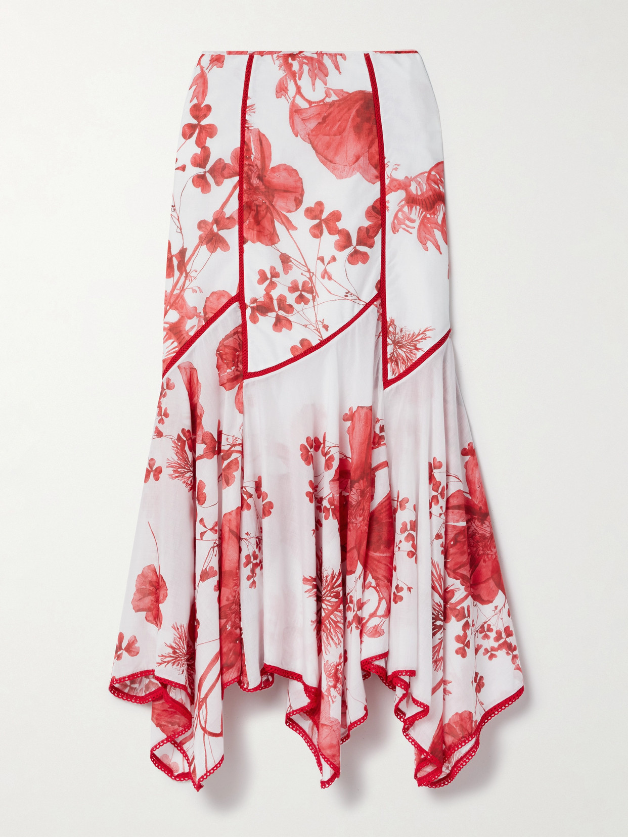 Charo Ruiz Nopy Asymmetric Scalloped Floral-print Cotton-blend Skirt In Red