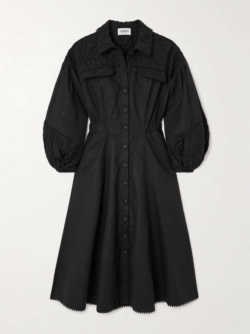 Charo Ruiz Dubya Cloqué-trimmed Ramie-blend Midi Shirt Dress