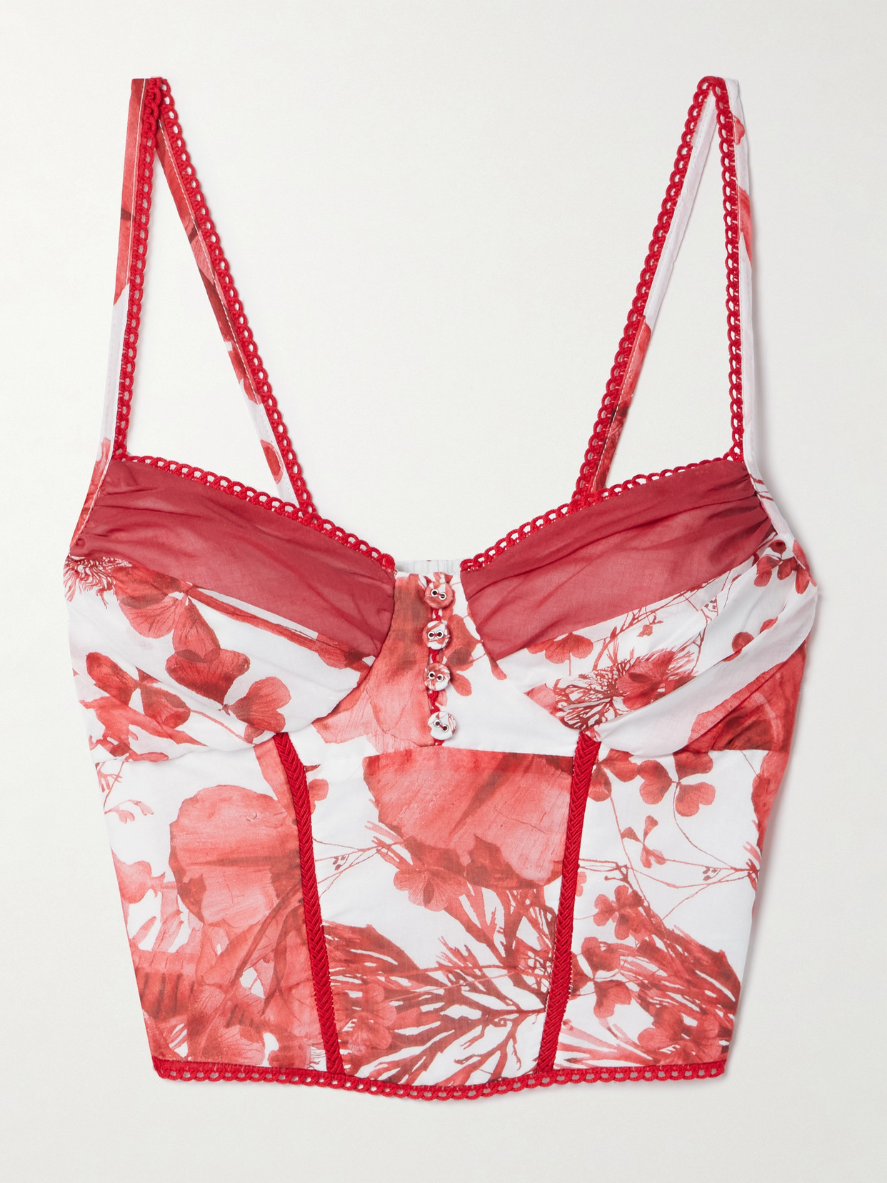 Charo Ruiz Peisy Cropped Scalloped Floral-print Cotton-blend Bustier Top In Red