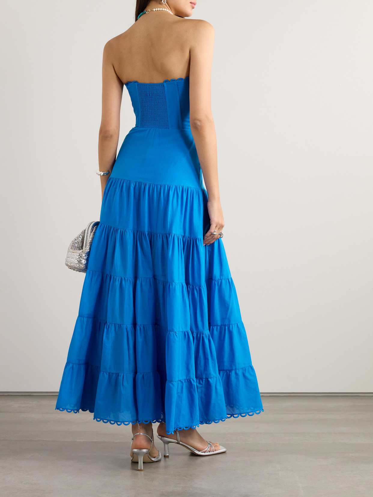 Charo Ruiz Danny Strapless Broderie Anglaise-trimmed Tiered Cotton-blend Voile Maxi Dress In Blue