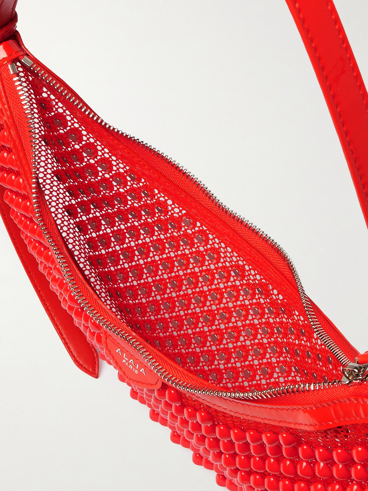 Alaïa Demi Leather-trimmed Embellished Mesh Shoulder Bag In Orange