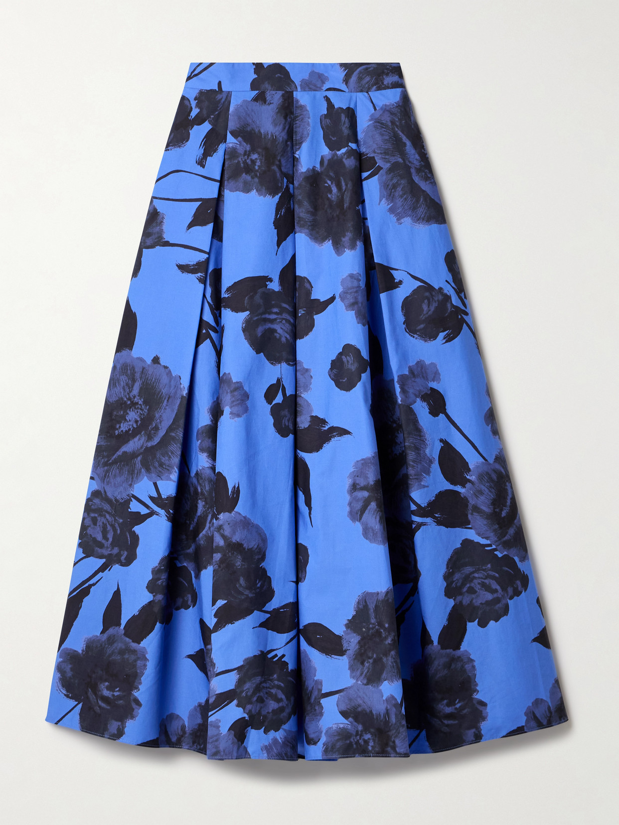 Erdem - Pleated Floral-print Cotton-poplin Midi Skirt - Blue