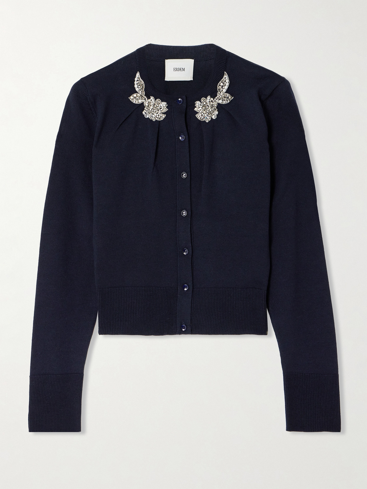 Erdem - Cropped Embellished Gathered Wool Cardigan - Blue