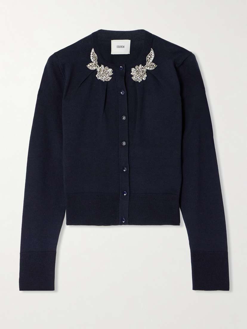 Erdem Cropped Embellished Gathered Wool Cardigan