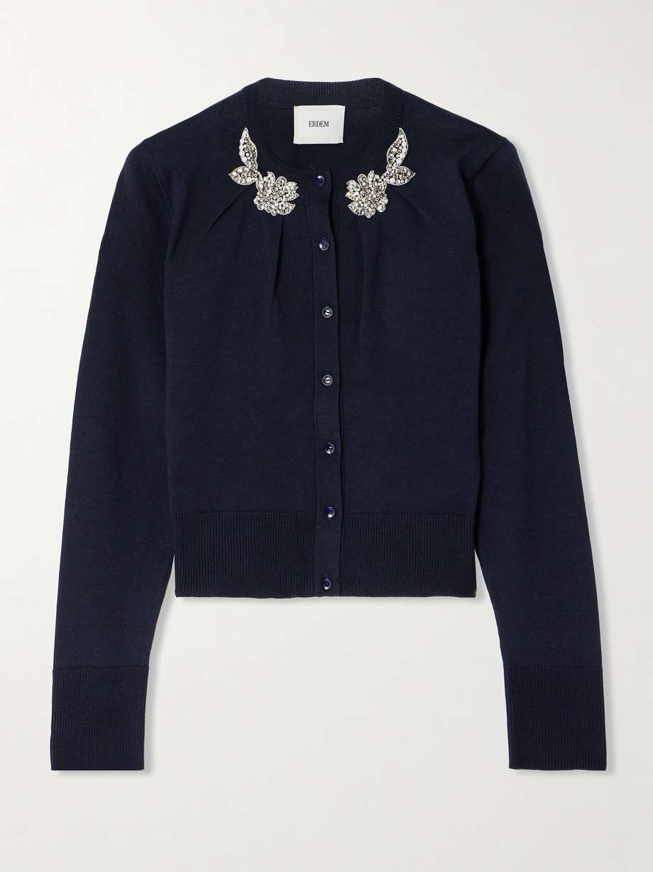 The crew neckline of Erdem's cardigan is intricately embellished with beads, crystals and faux pearls arranged into the shape of flowers. It's made from wool that's softly gathered through the bodice and has a close fit defined by ribbed trims. Fasten all the shell buttons and wear it as a top.