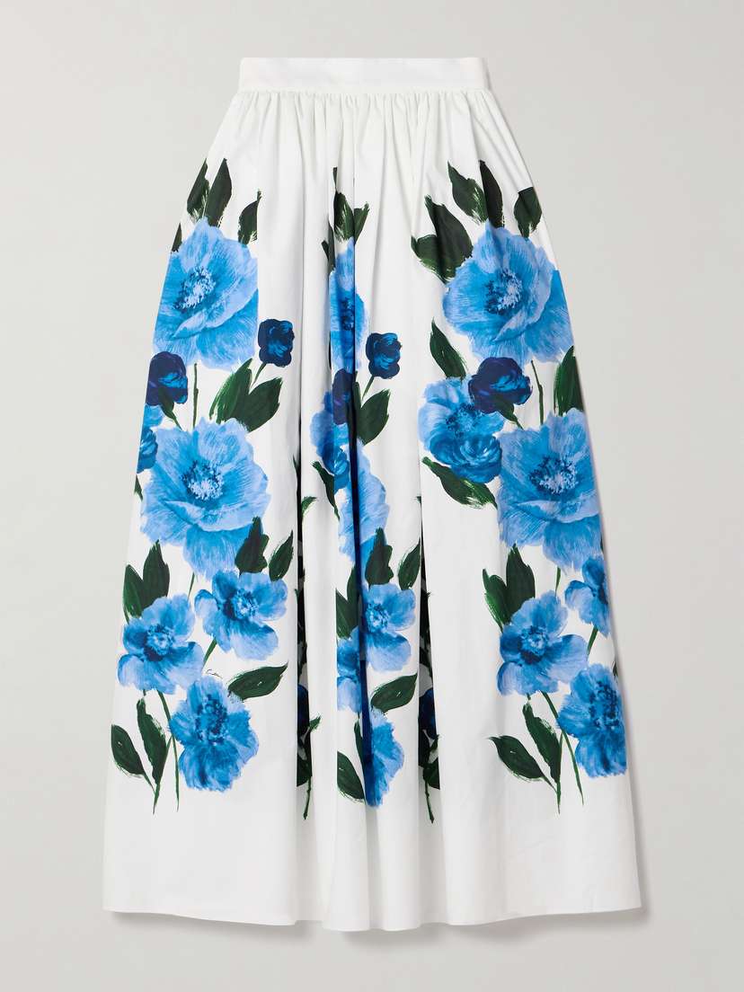 Erdem Gathered Floral-print Cotton-poplin Midi Skirt