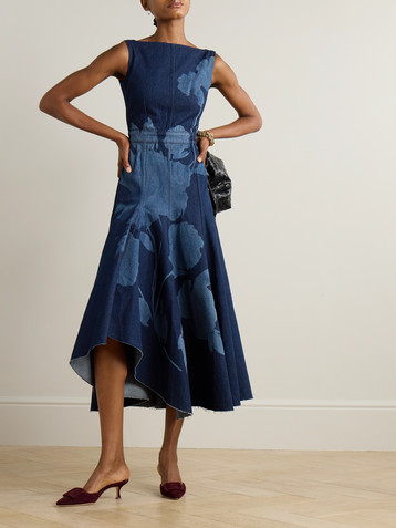 Erdem Asymmetric floral-print denim midi dress