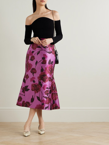 Erdem Floral-print paneled cotton-blend faille midi skirt