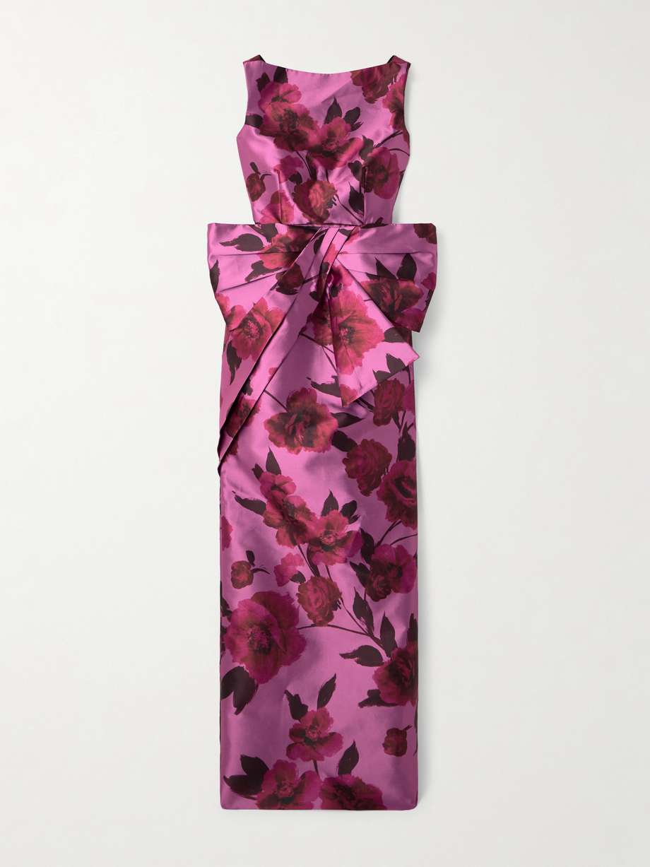bow-embellished floral-print cotton-blend mikado gown