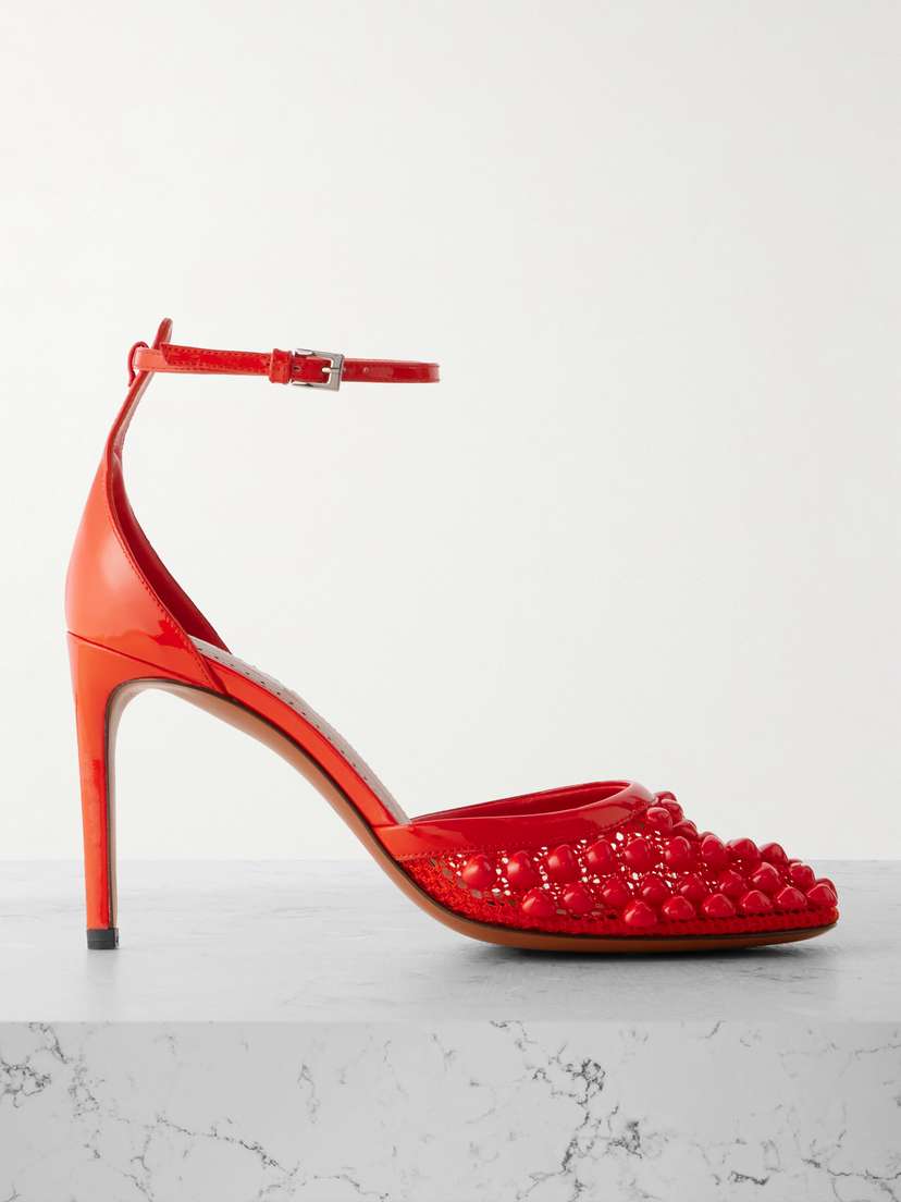 Alaïa — 90 embellished fishnet and patent-leather pumps