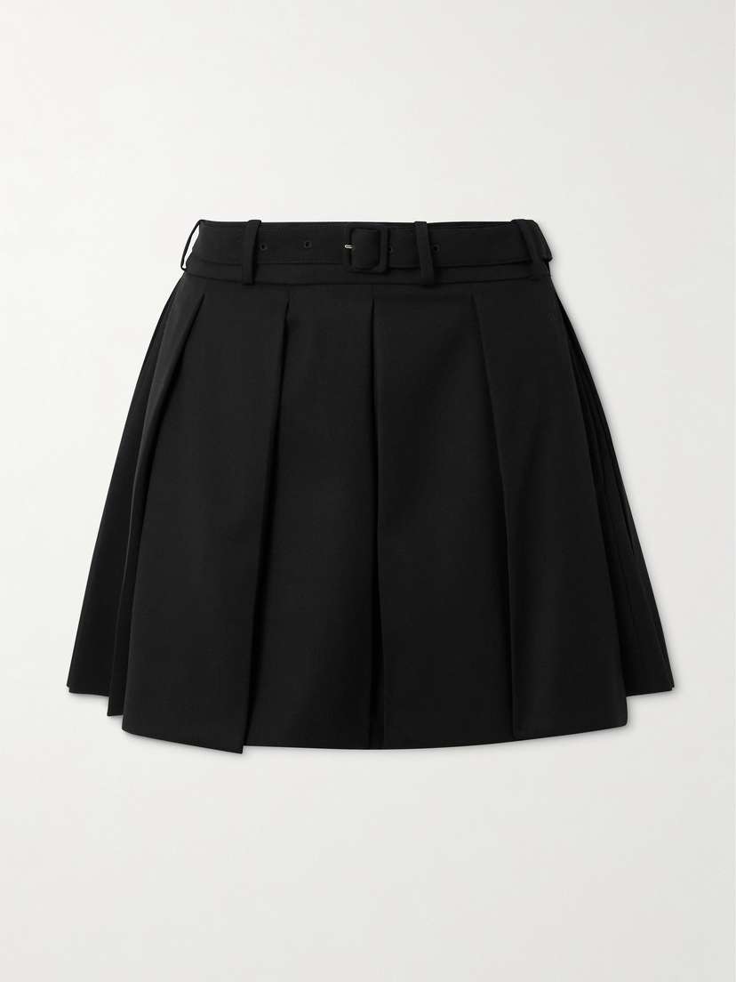 Patou Belted Pleated Stretch-wool Twill Mini Skirt
